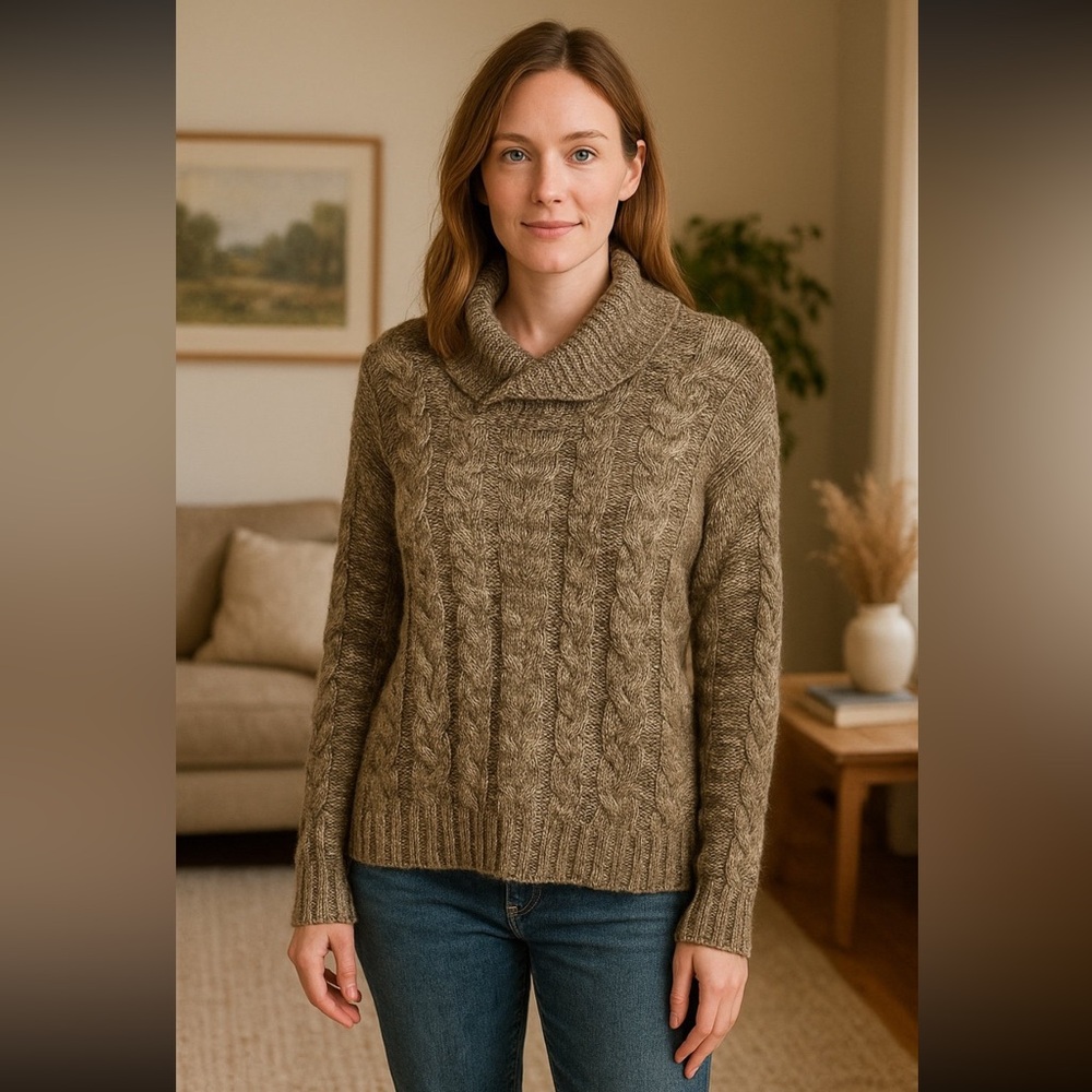 Park Slope Brown Oatmeal Shawl Collar Cable Knit Pullover Sweater | Size Medium